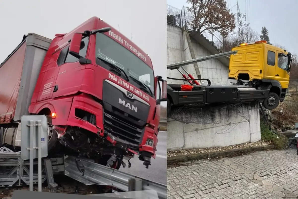 Kamióny nemali svoj deň. Jeden skončil na diaľničných zvodidlách, druhý na betónovom plote