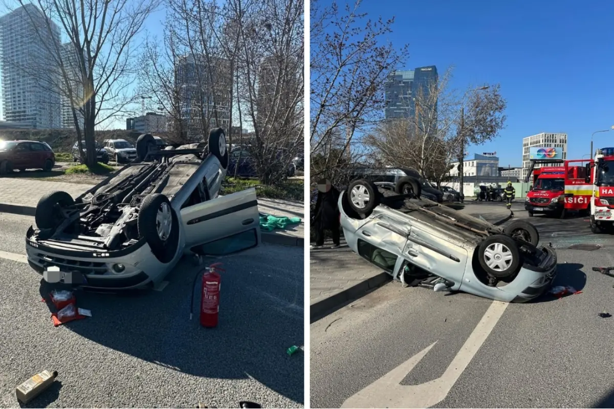 Foto: Hrozivá nehoda na Košickej v Bratislave: Auto skončilo po zrážke prevrátené na streche