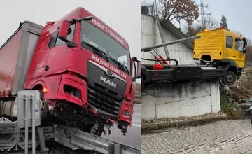 Kamióny nemali svoj deň. Jeden skončil na diaľničných zvodidlách, druhý na betónovom plote