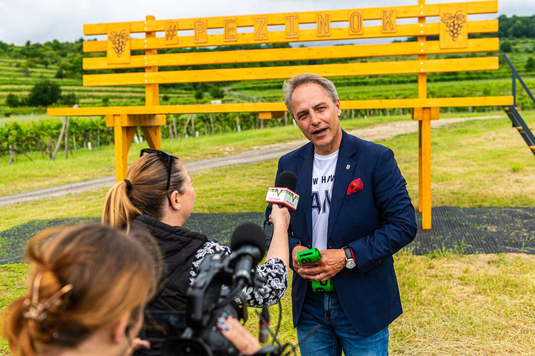 FOTO: Nová atrakcia Pezinka. Nad Mandľovým sadom postavili obrovskú lavičku, foto 6